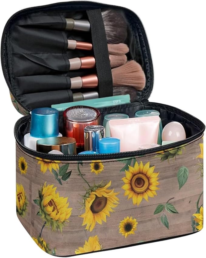 JoyLamoria Cosmetic Bag Toiletry Bag Zipper Closure Pouch Durable Makeup Bag Travel Case with Yellow Sunflower Print