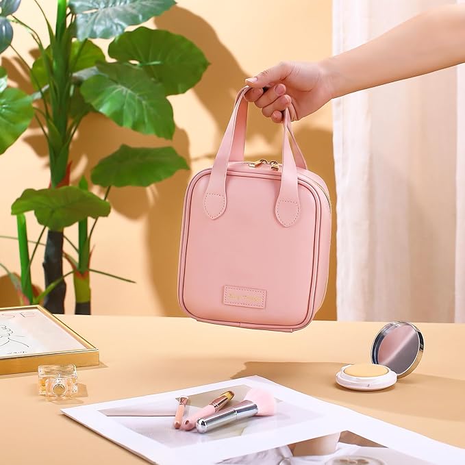 Travel Makeup Bag, Large Flat-Open Cosmetic Bag Make Up Organizer Case for Women, Waterproof PU Leather Toiletry Bag with Brush Compartment Skincare Pouch for Toiletries Accessories
