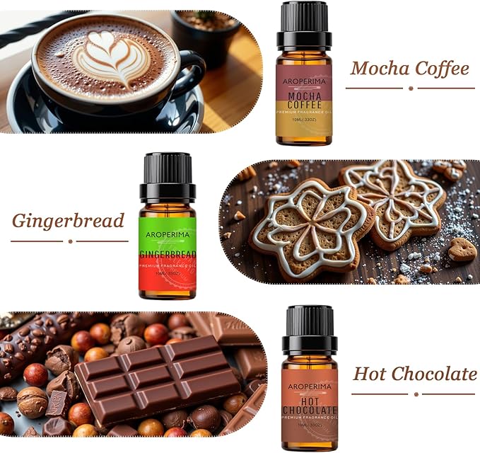 Coffee Shop Fragrance Essential Oil Set - Mocha Coffee, Gingerbread, Hot Chocolate, Blueberry Muffin, French Vanilla, Cinnamon 6x10ML for Diffusers, Aromatherapy, Massage