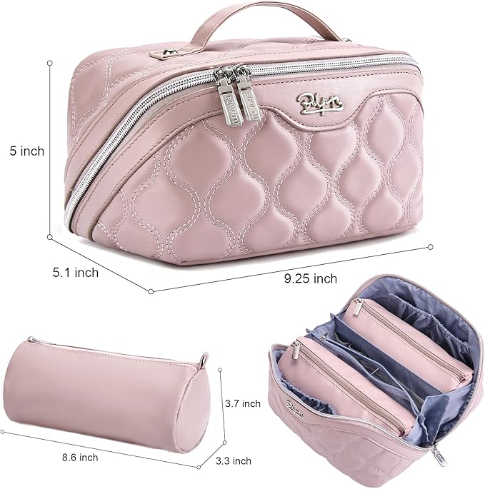 BOYATU Travel Makeup Bags for Women Cosmetic Bag: Puffy Make up Bags Set of 3 - Vegan Leather Makeup Organizer - Waterproof Large Toiletry Bag with Compartments - Travel Essentials (H-3-Pink)