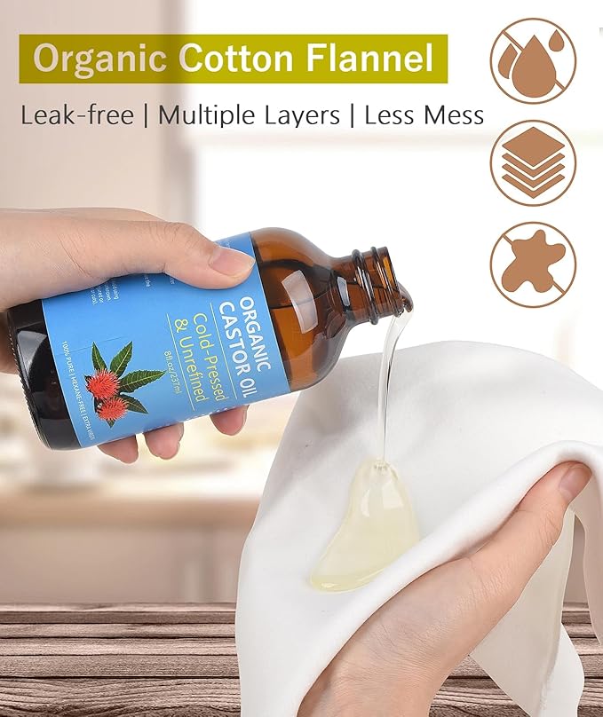 Castor Oil Organic Cold Pressed Unrefined, Amber Glass Bottle with Castor Oil Pack Wrap and Cotton Flannel Cloth for Body, 8oz/237ml