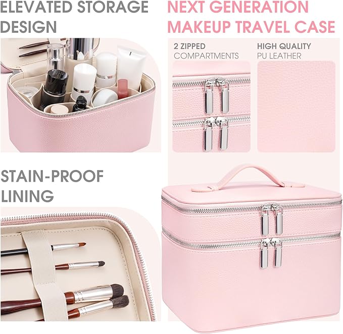 Makeup Case, Large Capacity Waterproof Double Layer Cosmetic Bag with Removable Divider, Double Compartment Brush Organizer, Multi-functional Travel Organizer