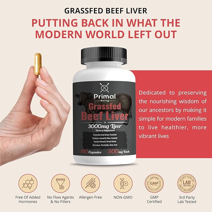Primal Being Grassfed Beef Liver - 3000mg Freeze Dried Capsules - Pasture Raised in New Zealand - Natural Beef Organ Supplement - Liver Supplement for Energy and Wellness - 180 Count