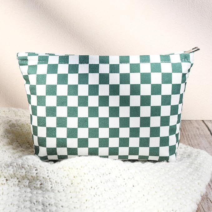 SOIDRAM 2 Pcs Checkered Makeup Bag Large Cosmetic Bag Toiletry Bag Makeup Pouch Travel Bag Organizer Cute Makeup Brushes Aesthetic Accessories Storage Bag for Women Olive Green