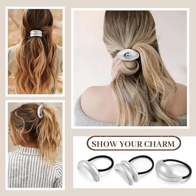 3PCS Silver Hair Ties, Metal Hair Ties for Thick Hair, Elegant Durable Geometric Design, Silver Hair Accessories Stretchy and Non-Damage Ponytail Holders, 3 Styles in Box Gifts Holiday Christmas Gifts