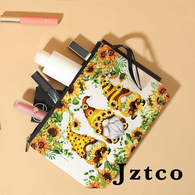 Jztco Cute Gnomes Makeup Bag Sunflower Gifts Gnome Gifts for Women Female Her Mom Wife Best Friend Daughter Aunt Niece Toiletry Bag Mothers Day Graduation Birthday Gifts Summer Floral Cosmetic Bag