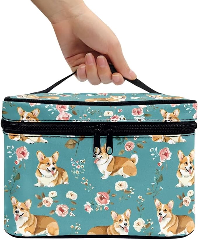 JoyLamoria Corgi Floral Makeup Bag Handbag Tote Bag Casual Cute Cosmetic Bag Brush Bag Toiletry Bag