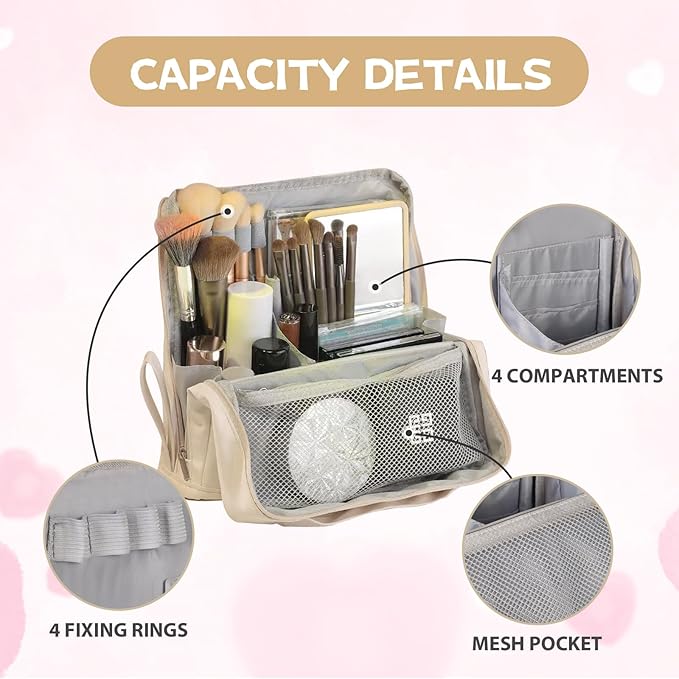 Large Capacity Standing Makeup Bag for Travel, Foldable Hanging Toiletry Organizer with 3 Storage Layers & 8 Inner Pockets, Portable Cosmetic Case for Women (Beige)