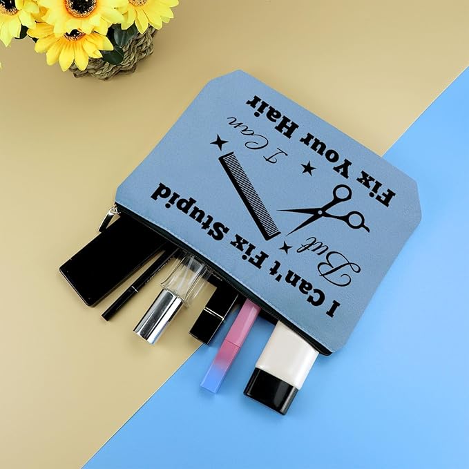 Hairdresser Gifts Hair Stylist Makeup Bag Hairstylist Present Cosmetic Bags Funny Hair Dresser Gift Christmas Graduation Birthday Present for Hairdresser Barber Salon Blue Cosmetic Pouch Makeup Case