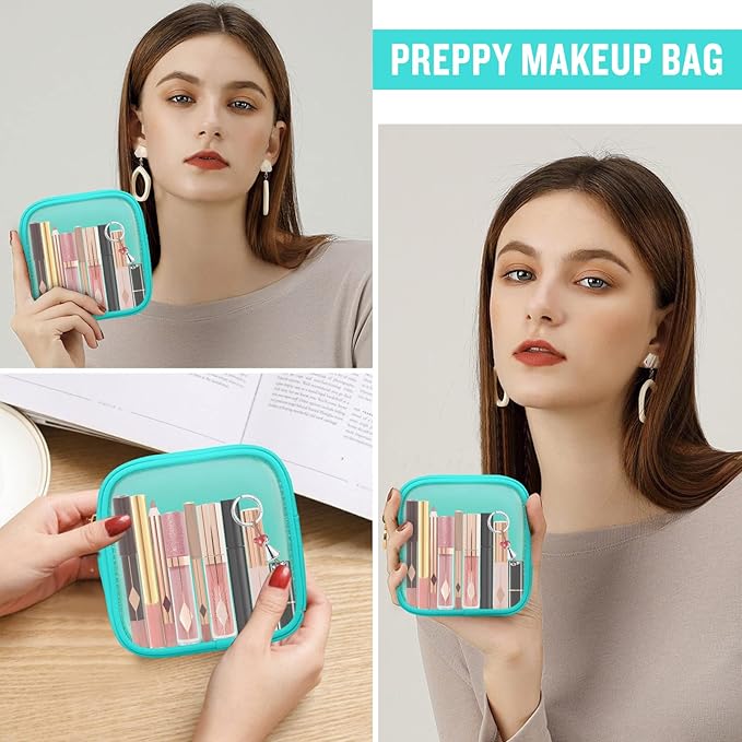 Mini Clear Travel Makeup Organizer Bag for Purse, Small Cute Preppy Makeup Bag Cosmetic Zipper Pouch Purse, Transparent PVC & Nylon Waterproof Travel Toiletry Storage Clutch for Women Men Girls(Mint)