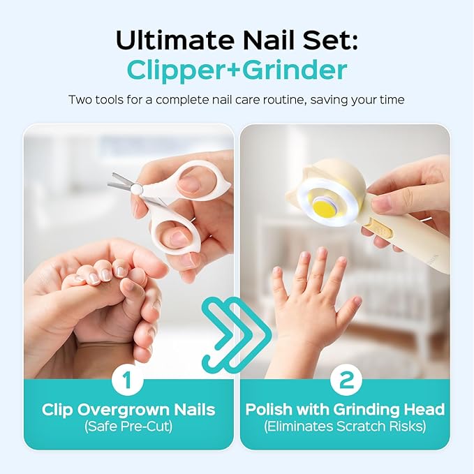 COSLUS Baby Nail Trimmer Electric: Gentle Baby Nail File with Quiet Design & 360° Light - Safe for Sleep Trim Grind, 16 in 1 Cute Nail Clipper Kit for Newborn Infant Toddler, C50, Beige