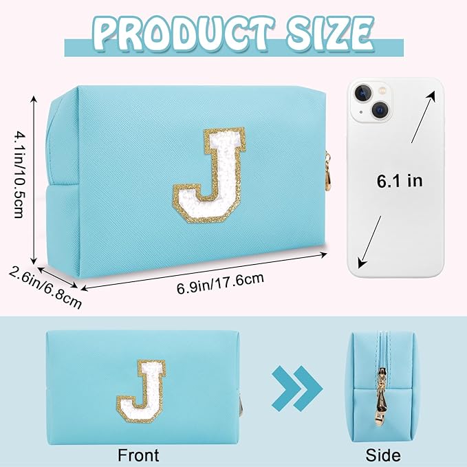 Personalized Preppy Small Travel Makeup Bag, Initial Chenille Letter Blue Makeup Bag Cosmetic Zipper Pouch Toiletry Organizer, PU Waterproof Makeup Case Storage Cute Preppy Stuff for Female(Letter J)