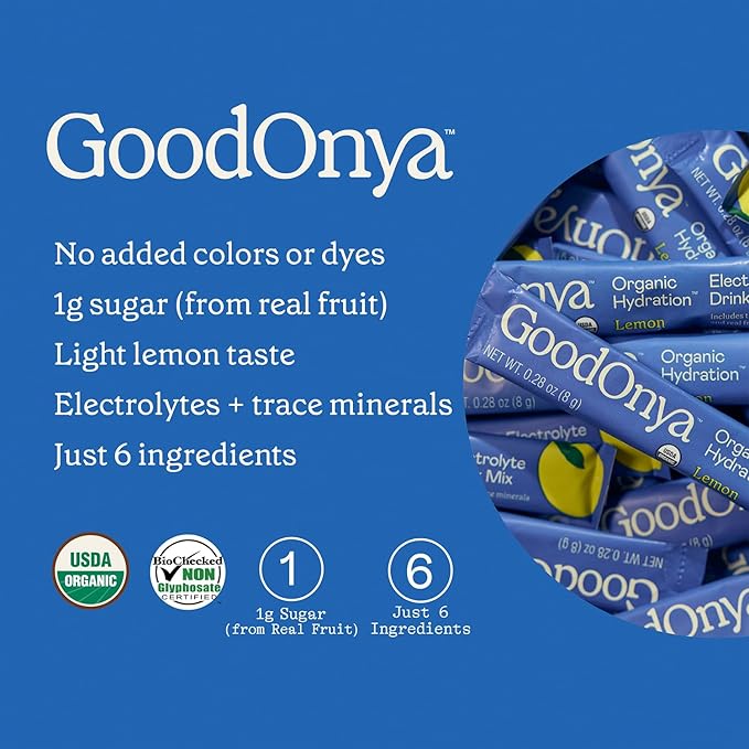 GOODONYA Organic Hydration Electrolyte Drink Mix, Certified Organic Hydration Powder, Non-GMO, Biochecked Glyphosate Free, Low Sugar, Lemonade Flavor, No Artificial Flavors,12 Stick Packs