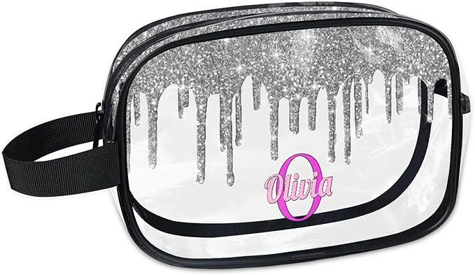 Custom Name Makeup Bag Travel Bag, Clear Toiletry Bag Travel Large Capacity Cosmetic Container Organizer for Shampoo, Shiny Stars Water Fluid Shape Silver Glittering