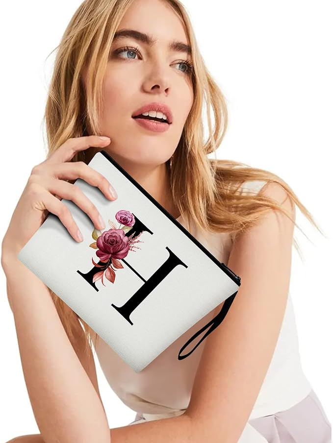 Vavabox A-Z Personalized Makeup Bag, Birthday Gifts for Women Mom, Gifts for Best Friend, Bride Bridesmaid Cosmetic bag (H, White)