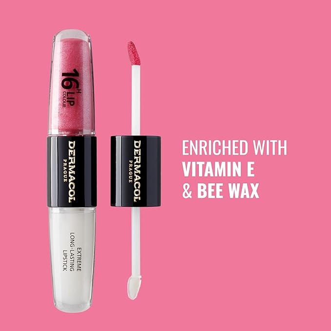 Dermacol NEW 16-Hour Lip Colour, Highly Pigmented Glossy Lip Stain, Two-Phase Lip Plumper Gloss, Kissproof Lip Makeup Products with Matte and Glitter Finish, n.15