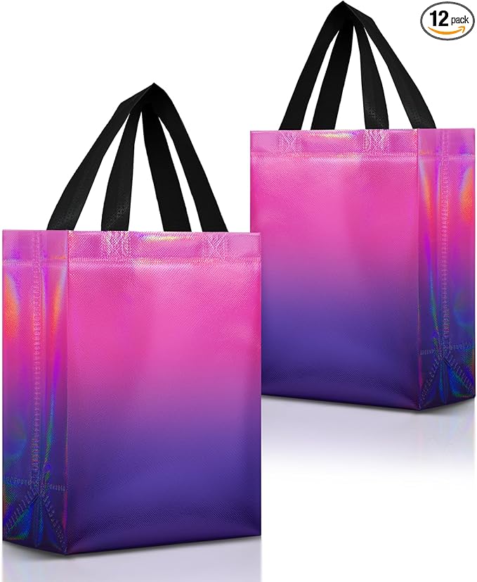 Nush Nush Holographic Reusable Gift Bags Medium Size – Set of 12 Gradient Pink & Purple Gift Bags With Handles - Colorful Party Favor Bag for Birthday Party Favors, Halloween, Christmas - 8x4x10