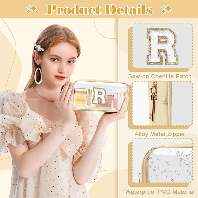 Personalized Initial Letter Clear Makeup Bag,Preppy Small Nylon&PVC Cosmetic Zipper Bag with Chenille Letter,Portable Beach Travel Skincare Toiletry Bag,Trendy Monogram Gift for Teen Girls Women,R