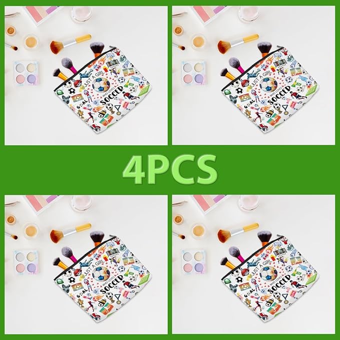 4pcs Soccer Makeup Bags for Women, Canvas Soccer Gifts Cosmetic Bag Pouch Accessories for Players Teams Stuff, Sport Team Birthday Gifts for Soccer Lovers Her Friends Women