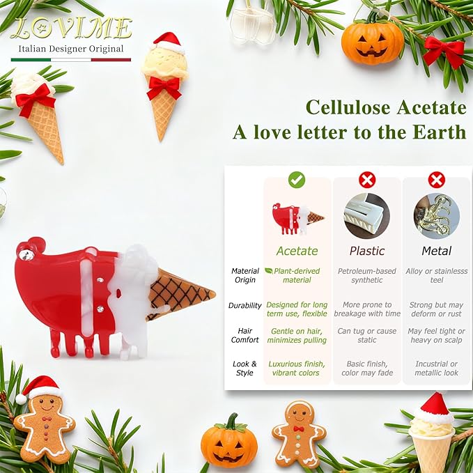 Original Italian Designed Mini Christmas Hair Claw Clips for Women, Strong Grip Plant-Based Acetate Hair Clips for Girls, Cute Santa Ice Cream Hair Accessories with Gift Box 1pcs