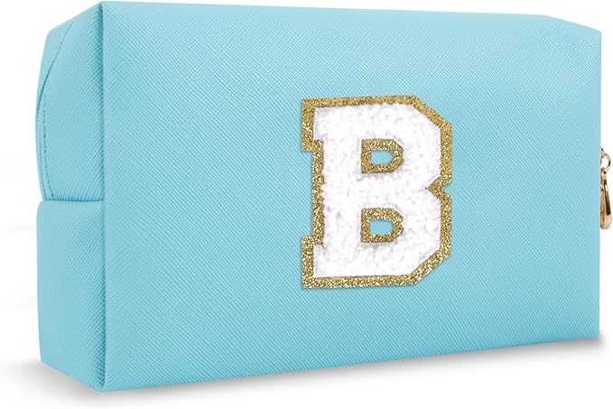 Small Initial Preppy Makeup Bag Organizer, Blue Cute Chenille Letter Make Up Cosmetic Zipper Pouch Toiletry Bags for Traveling, Waterproof PU Makeup Case Personalized Gifts for Bachelorette(Letter B)