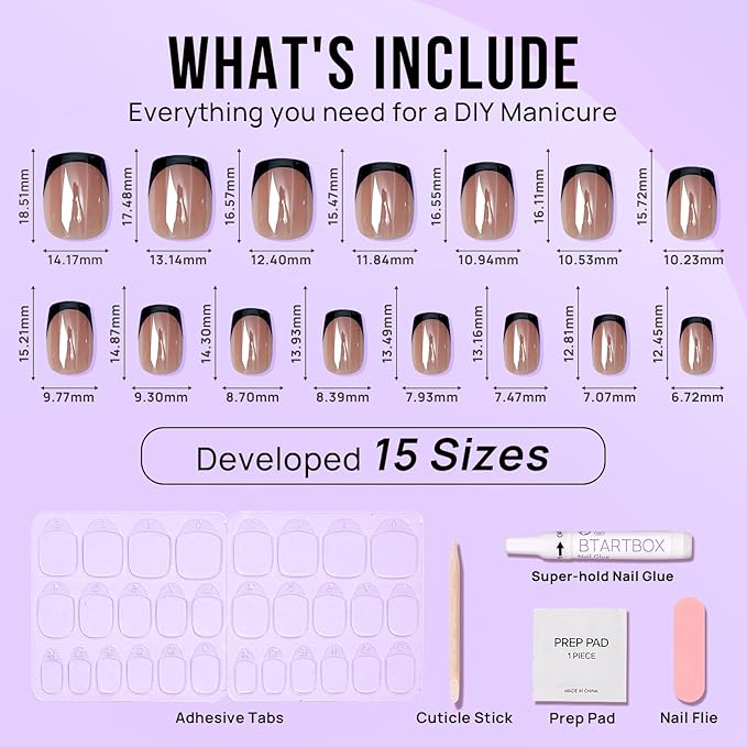 BTArtbox Press on Nails Short Square - Black Chrome French Tip Press On Nails, Glazed Glue On Nails for Women Gifts, Natural Stick On Nails in 15 Sizes - 30 Fake Nails Kit, Braveheart