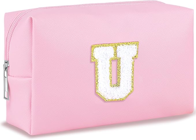 Initial Makeup Bag Personalized Preppy Travel Small Cosmetic Bag Cute PU Pink Chenille Letter Makeup Pouch for Purse Waterproof Zippered Toiletry Organizer for Women Girls Kids Friends(U)
