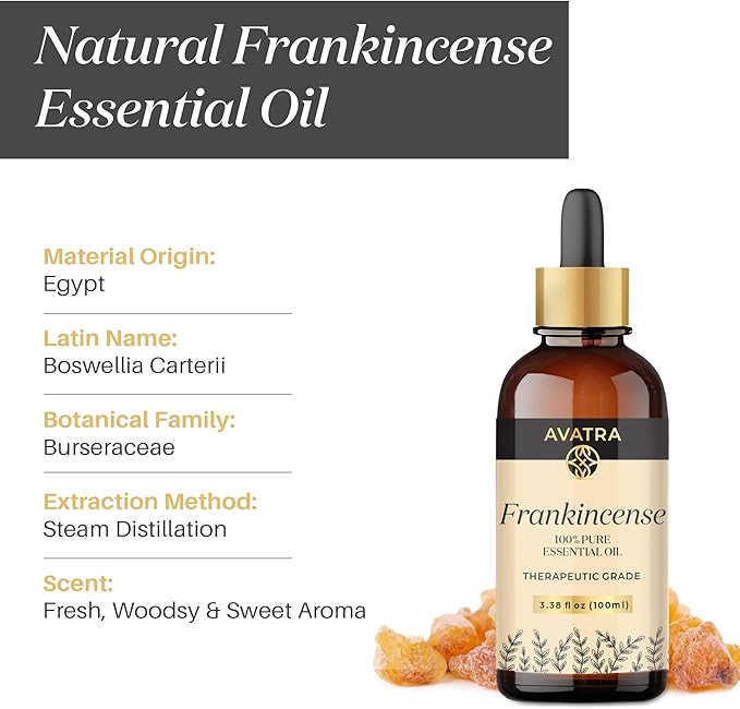 Avatra Frankincense Essential Oil 100ML (3.38 OZ) with Glass Dropper and Travel Bottle, Pure and Natural Therapeutic Grade Frankincense Oil for Diffuser, Aromatherapy, Massage, and DIY Candle Products