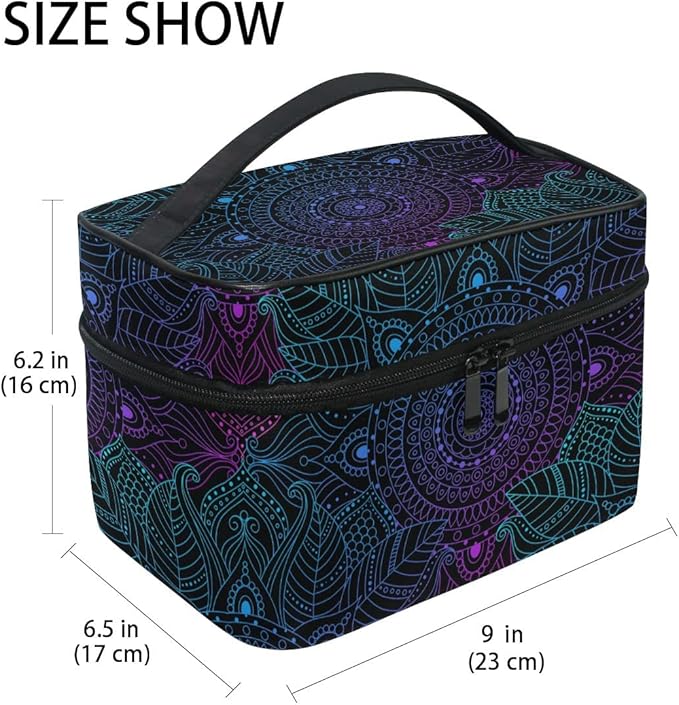 Makeup Train Case Art Arabesque Mandala Boho Ethnic Bohemian Korean Carrying Portable Zip Travel Cosmetic Brush Bag Organizer Large for Girls Women