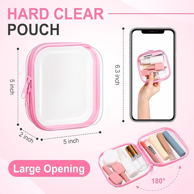 Sanwuta 6 Pcs Clear Hard Zipper Case Hard Plastic Zipper Pouches Makeup Bag Pencil Pouches Transparent Cases for Snacks Plastic Storage Organizer Box for Travel(Pink,5 x 5 x 2 Inch)