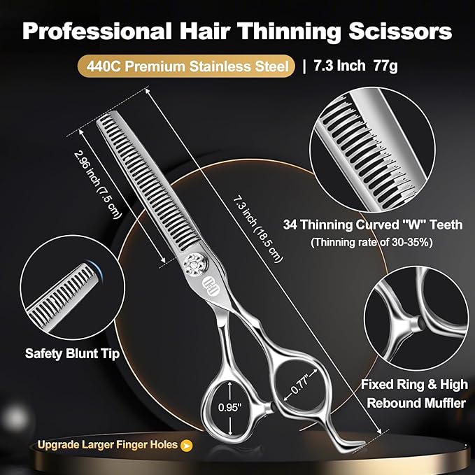CIICII Professional Hair Cutting Scissors Shears Kit, 440C 7 Inch Barber Haircut Scissors Set (Hair Beard Trimming Haircutting Thinning Shears) for Hairdressing Stylist Hairdresser Salon Home