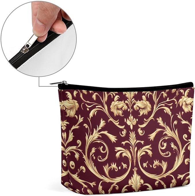 Fashion Zipper Cosmetic Case, Portable Makeup Case, Personality Toiletry Bag, Flower Maroon Gold Floral Classy Burgundy Antique Travel Cosmetic Toiletry Bag