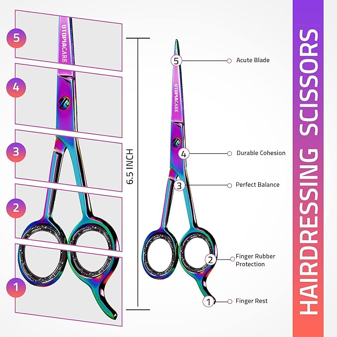 Utopia Care Hair Cutting and Hairdressing Scissors 6.5 Inch, Premium Stainless Steel Shears with Smooth Razor and Sharp Edge Blades for Salons, Men, Women and Kids, Rainbow