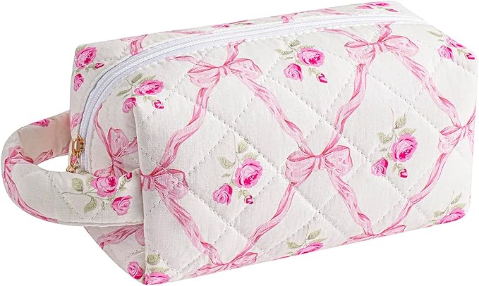 JOVAKIT Travel Makeup Bag Cosmetic Bag for Women, Christmas Gifts, Small Floral Flowers Coquette Toiletry Bag with Handle, Zipper Make Up Pouch Organizer Bag Trendy Stuff (Pink Bowknot)