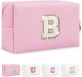 Personalized Initial Makeup Bag, Preppy Glitter Letter Patch Cosmetic Pouch, PU Waterproof Travel Toiletry Bag, Cute Makeup Organizer, Monogrammed Gift for Women Girls (Letter B)