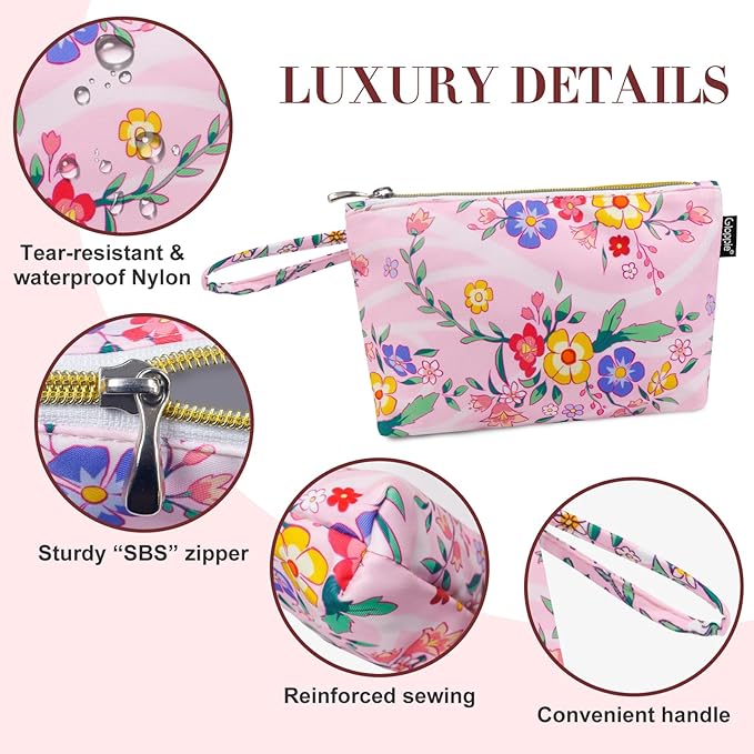 Gloppie Pink Small Makeup Bag for Purse - Cosmetic Bags for Women - Floral Makeup Pouch with Handle