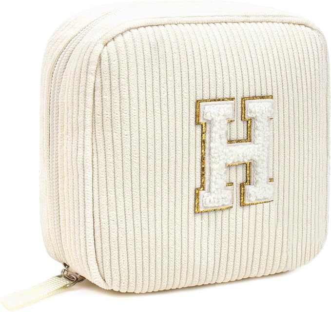 LETGO Birthday Gifts for Women Small Personalized Initial Monogram Makeup Bag,Preppy Corduroy Makeup Bags Travel Toiletry Bag Cute Pouch Purse for Her Mom Girlfriend Wife Sister Teacher Bridesmaid