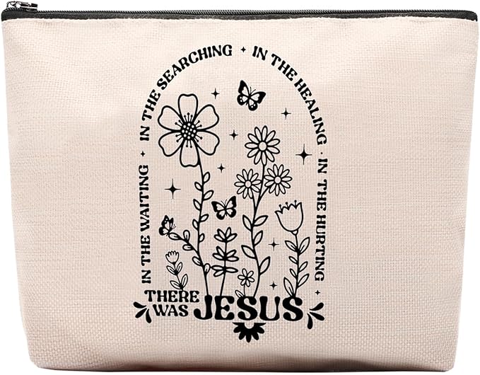Boho Floral Christian Makeup Bag, Christian Gifts for Women, Bible Stuff Prayer Supplies, There Was Jesus Cosmetic Bag Pouch