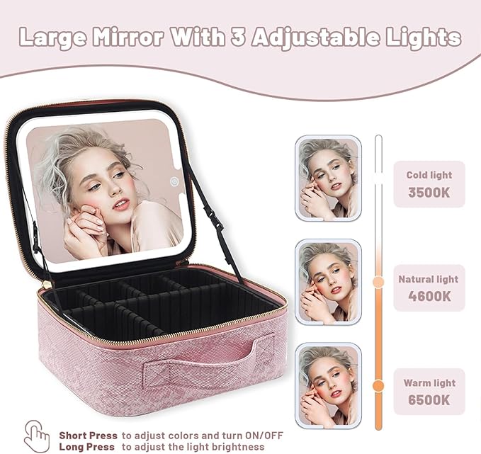 Portable Travel Cosmetic Bag with LED, 3-color Adjustable Cosmetic Organizer, Women's Cosmetic Case, Mirror Makeup Bag Case Rechargeable (Pink)