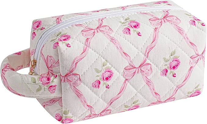 Makeup Bag Travel Cosmetic Bag for Women, Zipper Make Up Pouch, Floral Flowers Toiletry Organizer Makeup with Handle, Cosmetic Travel Cloth Bag (Pink Bowknot)