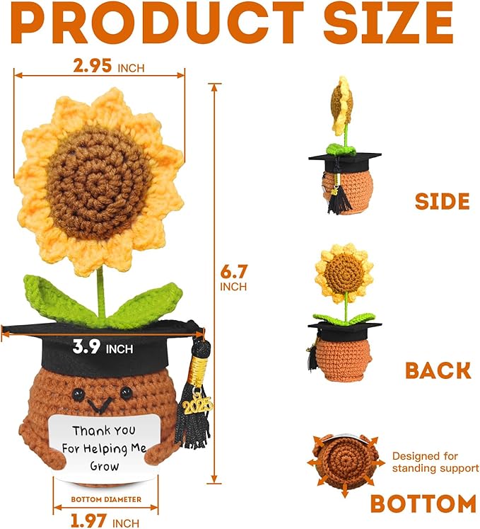 Teacher Appreciation Gifts, Handmade Crochet Sunflower Teacher Gifts, Thank You for Helping Me Grow, Daycare Teacher Appreciation Gifts for Women Men, End of Year Graduation Teacher Gifts (6)