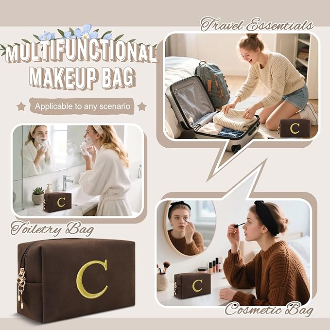 Personalized Initial Makeup Bag,Preppy Suede Cosmetic Bag for Teen Girls,Small Monogram Travel Toiletry Bag With Gold Embroidered Letter,Trendy Stuff Custom Christmas Gift for Women(Coffee-C)