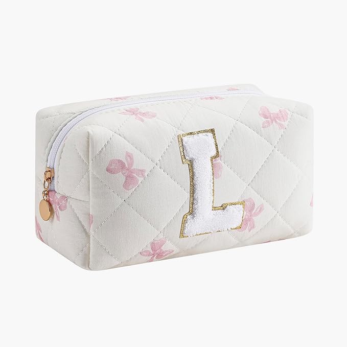 Gleyemor Personalized Initial Makeup Bag for Women, Cute Quilted Pink Floral Cotton Cosmetic Bag, Christmas Gifts for Her Mom Friend Sister Bridesmaid Teacher Women L
