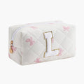 Gleyemor Personalized Initial Makeup Bag for Women, Cute Quilted Pink Floral Cotton Cosmetic Bag, Christmas Gifts for Her Mom Friend Sister Bridesmaid Teacher Women L