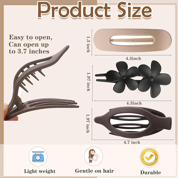 6 PCS Flat Hair Clips, French Lay Flat Claw Clips for Women Girls, 3 Styles Strong Hold Non-slip Matte Hair Claws for Thin Thick Hair(Brown&White)
