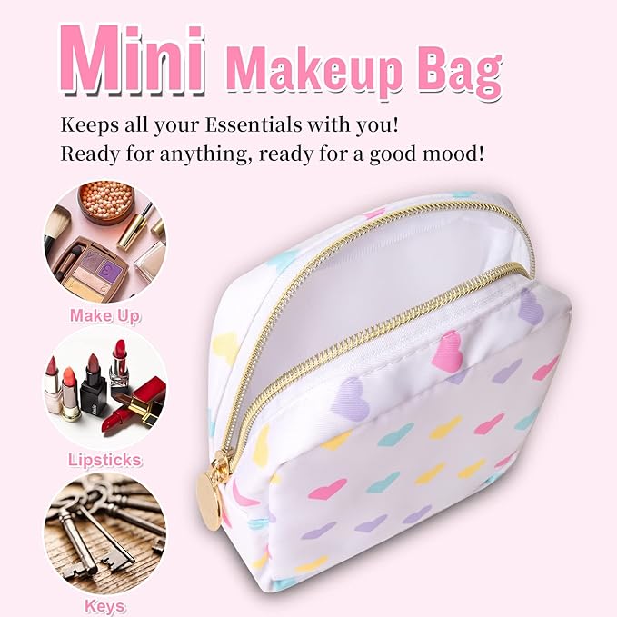 Nylon Mini Preppy Cute Makeup Bag - White Heart: Waterproof Zipper Pouch for Travel, Storage - Small Cosmetic Purse Organizer