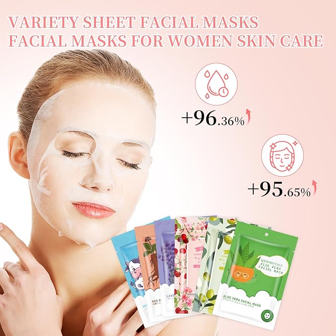 24 Pack Sheets Face Masks Skincare for All Skin Types, Hydrating Face Masks Suitable for Sensitive Skin, Moisturizing Bulk Facial Mask for Women Skin Care, Facial Mask Gifts for Spa