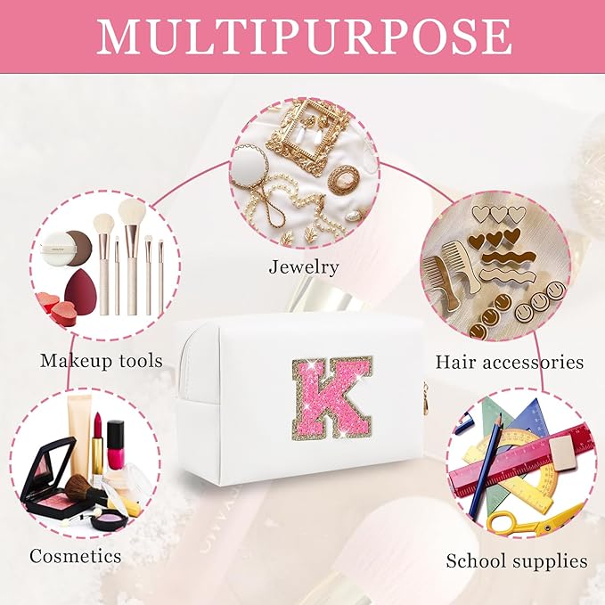 Initial Letter Patch Makeup Bag, Small Preppy A-Z Glitter Letter Cosmetic Bag, PU Leather Waterproof Travel Toiletry Bag, Cute Make Up Pouch Personalized Monogrammed Gift for Women Teen Girls