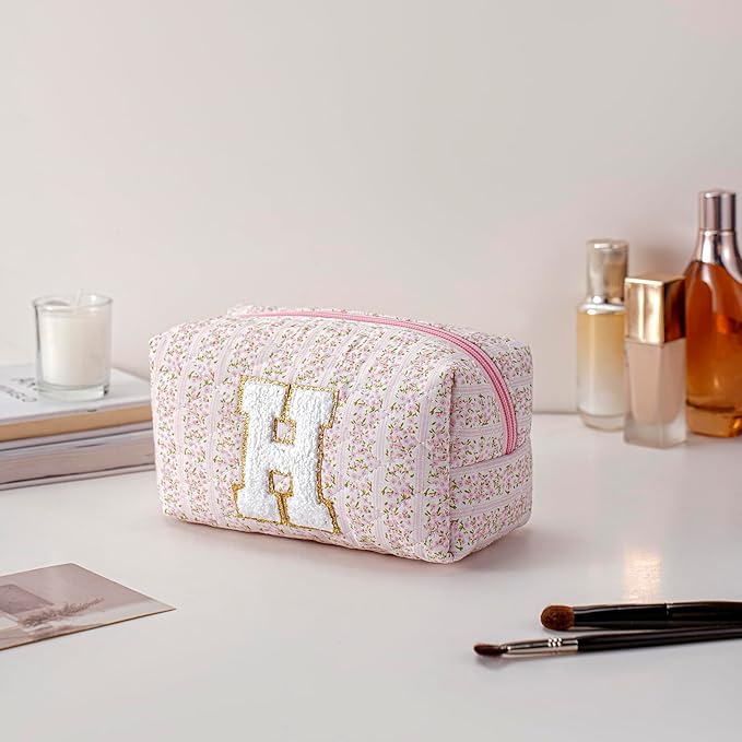 JOVAKIT Alphabet Makeup Bag Cosmetic Bag for Women, Christmas Gifts for Girls Age 6-18, Floral Flowers Coquette Travel Toiletry Zipper Make Up Pouch Organizer Trendy Stuff (Pink Floral H)