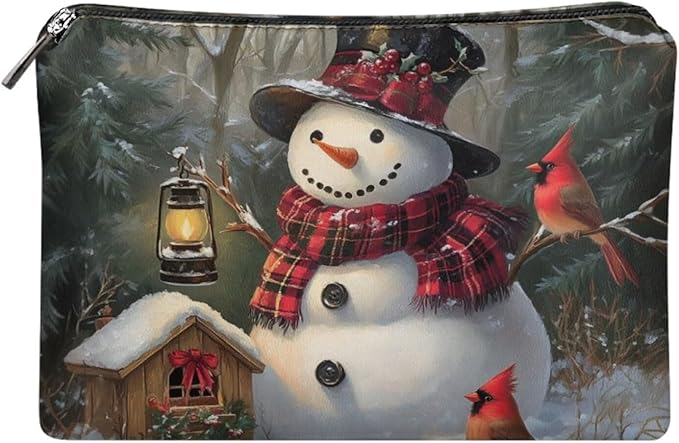 COEQINE Floral Makeup Bags for Women Leather Snowman Purse Cosmetic Organizer Bag Waterproof Portable Pouch with Zipper Portable Soft Leather Pouch Cell Phone Case for Holiday Birthday Christmas Gifts